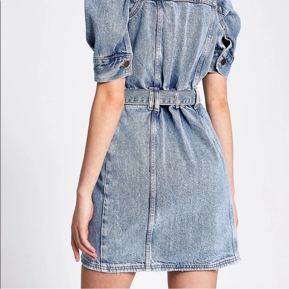 NEW River Island Denim Puff Sleeve Button Down Belted Mini Dress US Size 16 NWT - Picture 5 of 9